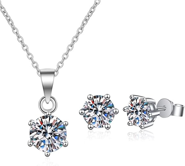 14K Gold 0.5/1/2ct D-Color VVS1 Diamond Six-Claw Pendant Necklace & Six-Claw Earrings Set Two-Piece Jewelry Set, Ideal for Women Special Occasions