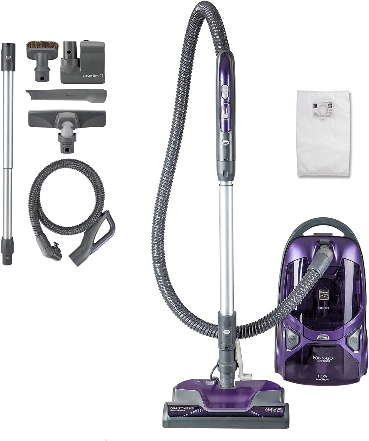 Kenmore 肯摩尔 600 系列宠物友好型轻质袋装吸尘器 带宠物 PowerMate Pop-N-Go 刷,2 个电机,HEPA 过滤器,铝制伸缩棒,可伸缩线和 4 个清洁工具,紫色